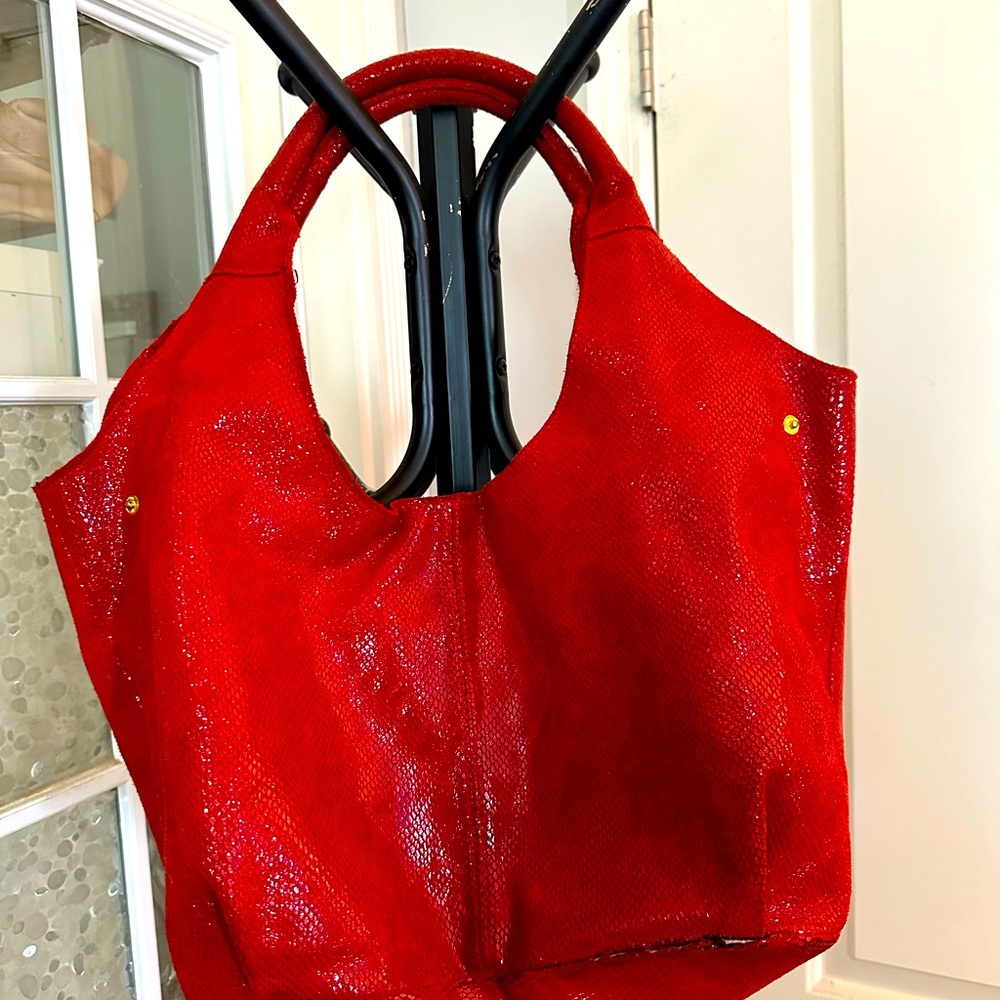 Maxine Couture Red Suede Leather Hobo Bag